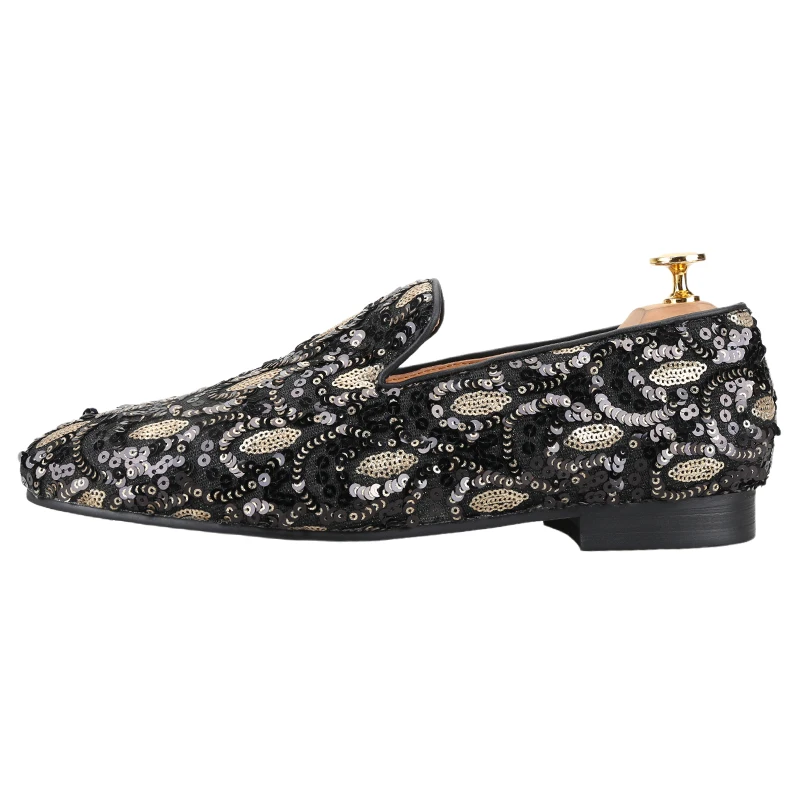Piergitar Handmade Customized Black And Gold Sequins Cloth Slip-On Loafers Breathable Genuine Leather Lining Men's Casual Shoes