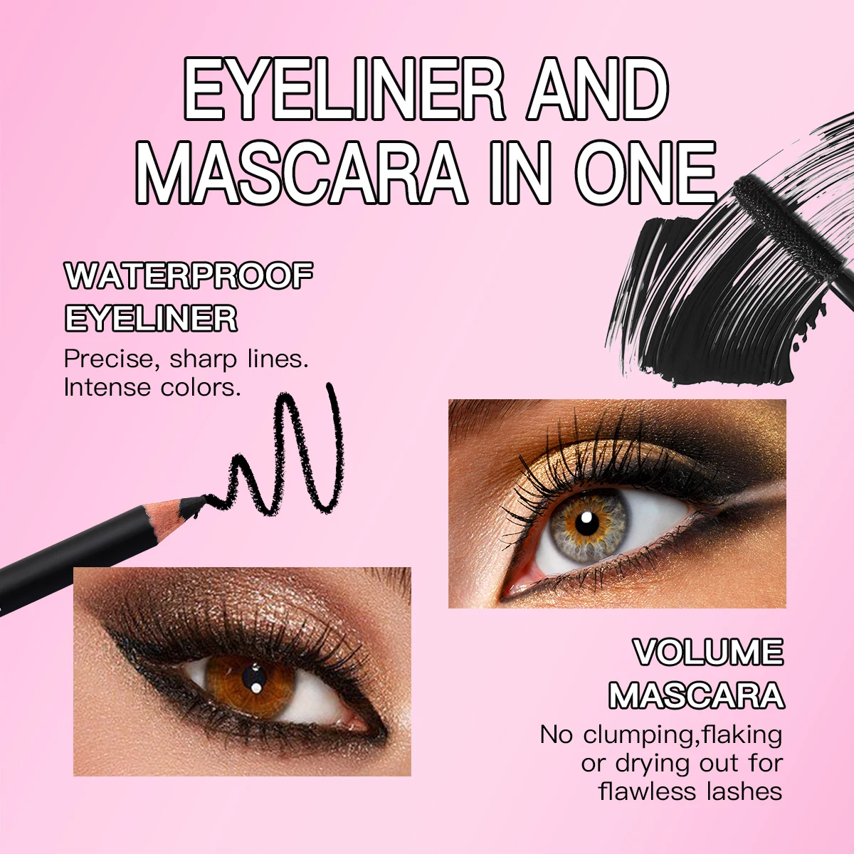 ซาส ชุดมาสคาร่าและอายไลเนอร์ 2-in-1 แปรงซิลิโคนพร้อมมาสคาร่าปริมาณมากพิเศษ สูตรแห้งเร็วและกันน้ำ