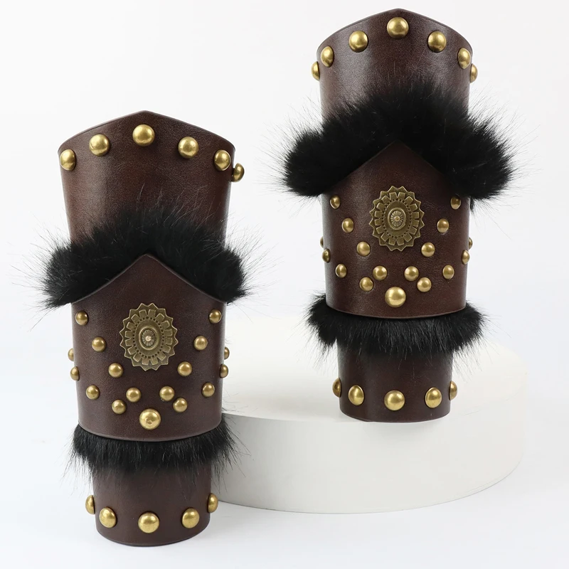 1 Pcs Medieval Steampunk Fur Wristband PU Leather Arm Armor Guards Viking Knight Gauntlet Bracers Renaissance Cosplay Props