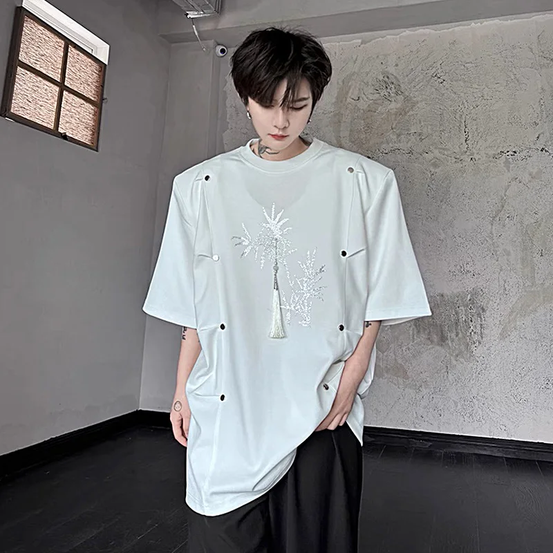 Summer Tshirt Men Hot Drill Tassels Rivet Shoulder Pads Streetwear Loose Short Sleeve Oversized T-shirt Male Hip Hop T Shirts