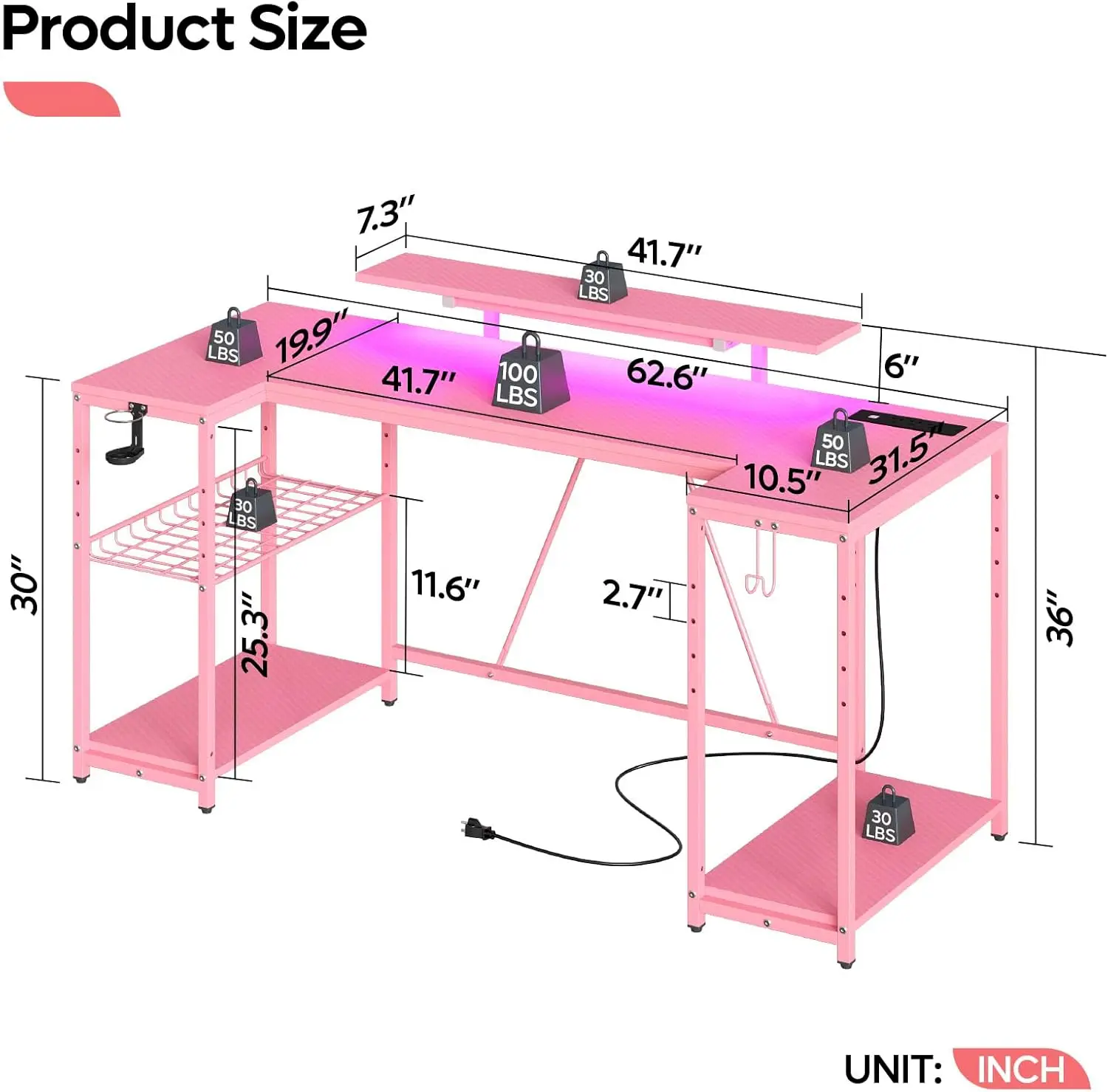 Pink Gaming Desk with LED Lights & Power Outlets, 63 inch U Shaped Computer Desk with Monitor Stand & Storage Shelves