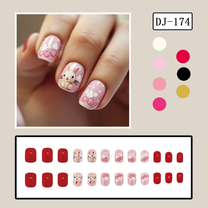 24pcs Easter Cute Bunny Adhesive False Nails Pink Press on Nails with Design Short Square Wear Nail with Charms Removable 2025