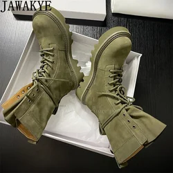 Winter New Cow Suede Leather Lace up Ankle Boots Women Round Toe Thick Bottom Punk Short Boots Fashion Motorcycle Boots Woman