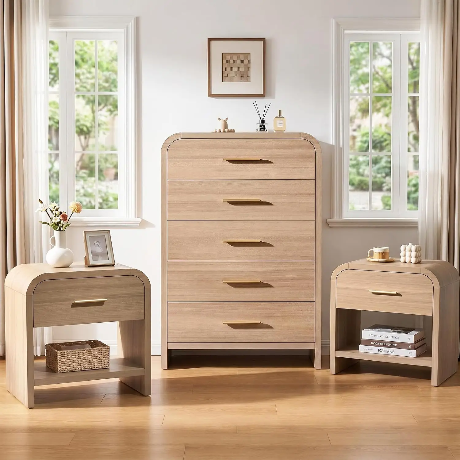 3Pcs Bedroom Furniture Set 5-Drawer Dresser & 1-Drawer Nightstands 2-Pack, Customized