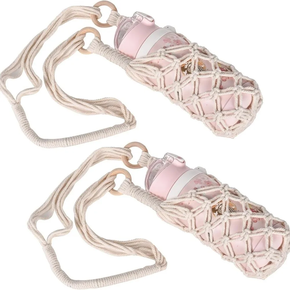 Bohemian Hand-woven Knitting Hanging Bottle Net Bag Cotton Rope Hollow Out Cup Mesh Bag Crochet Water Bottle Holder Cup