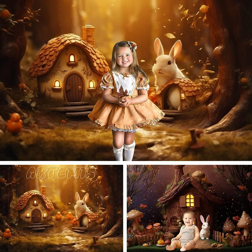 

Spring Photography Backdrop Easter Setup Fairy Houses Rabbits Forest Dark Orange Bronze Kids Birthday Portrait Photo Background