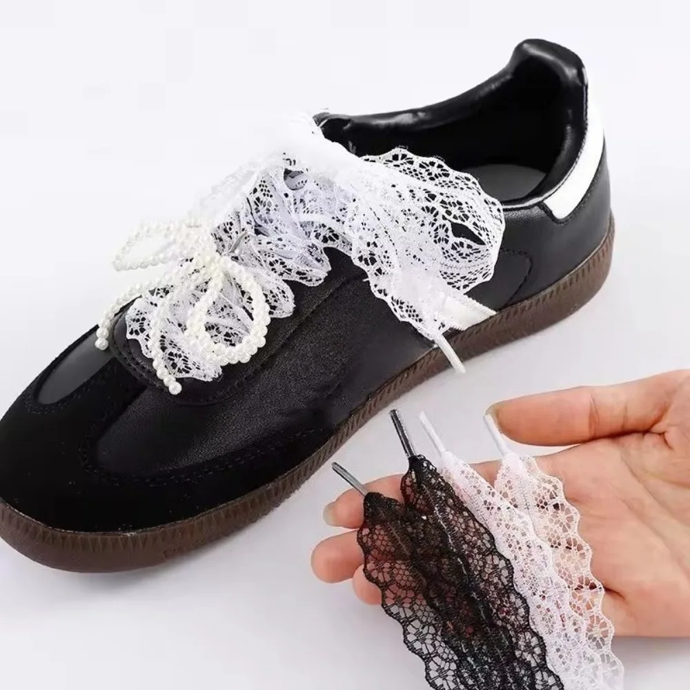 1Pair  Black and white lace-woven shoelaces 2.9cm wide decorative flat laces suitable for ballet shoes and sneakers