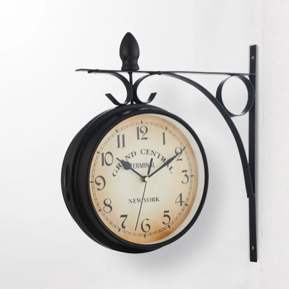 Metal Wall Clock Vintage Double-sided Wall Clock with Iron Rack Battery Operated Analog Digital Timepiece European Style Home