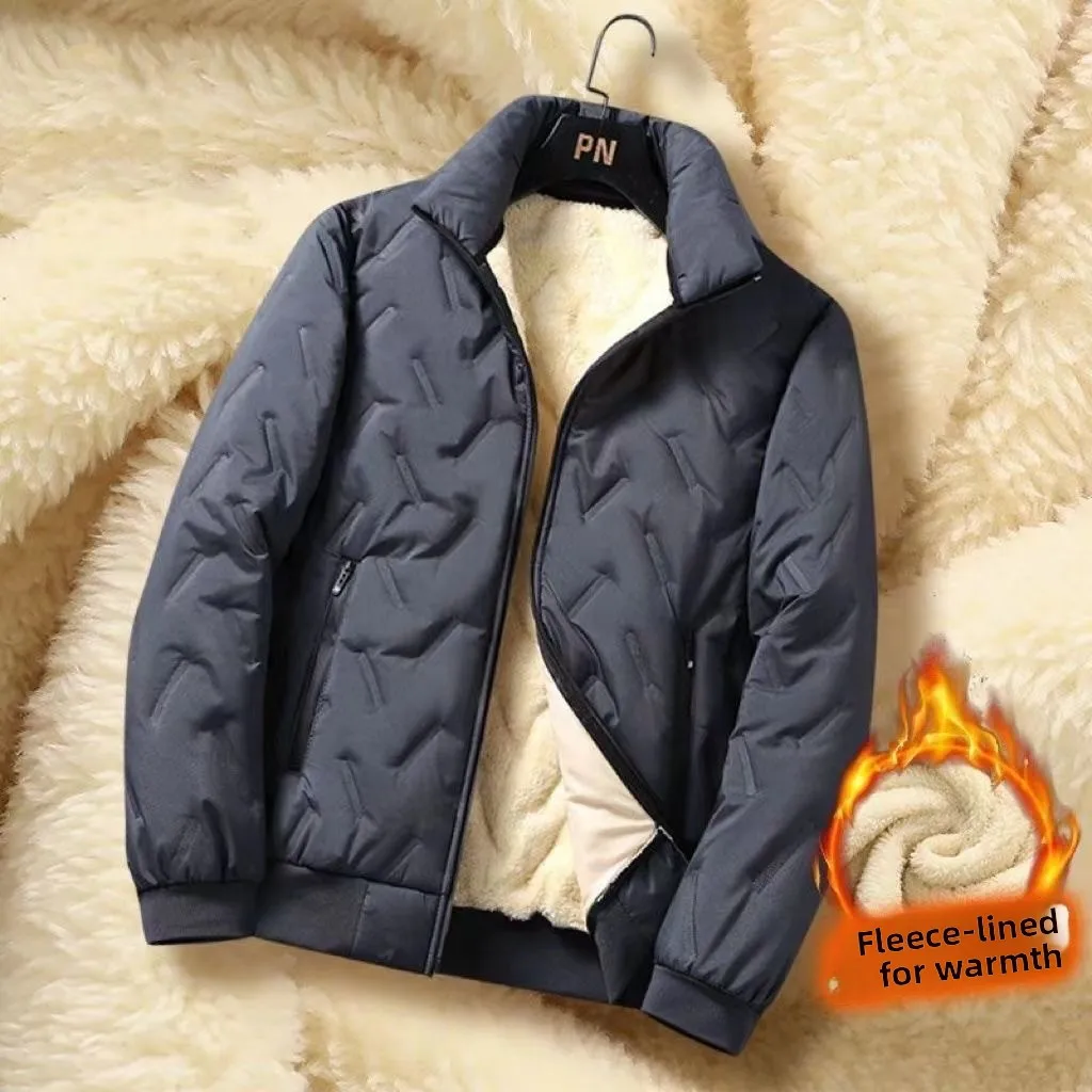

Men's Winter Jaet Thiened Fce Anti-wind Lamb Velvet Loose Stand Collar Cotton Coat Warmth Cottonwear Zipper Decoration