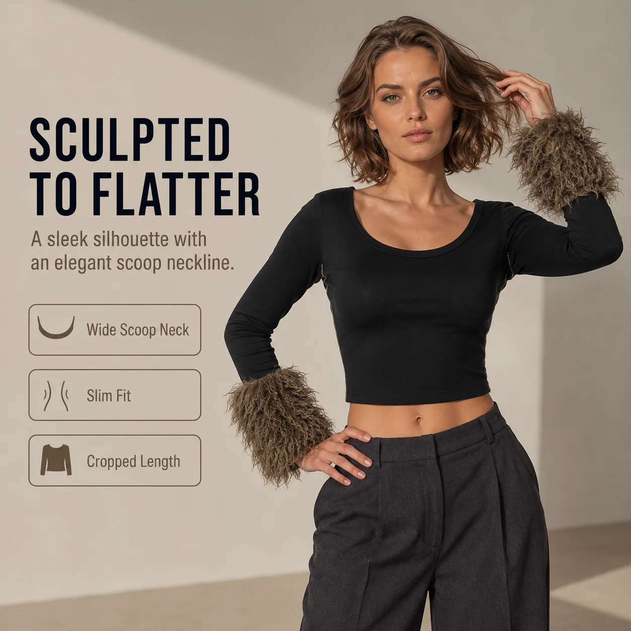 Women's Faux Fur Cuff Crop Top Elegant Scoop Neck Slim Fit Long Sleeve Y2K Streetwear Autumn Party Tee