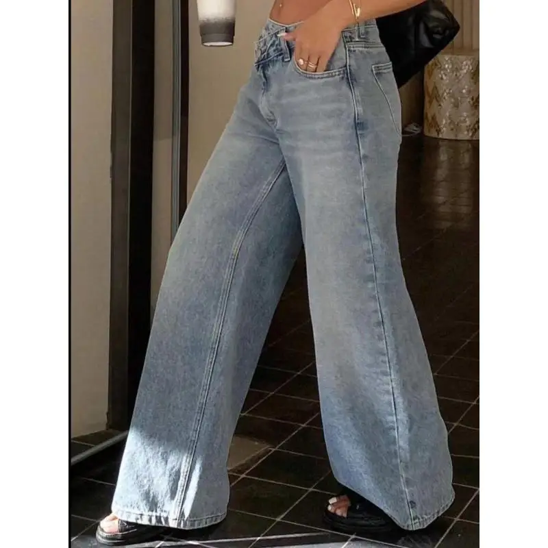 Women Criss Cross Waist Wide Leg Jeans Light Wash Irregular Waistband Loose Baggy Denim Pants Streetwear Trousers