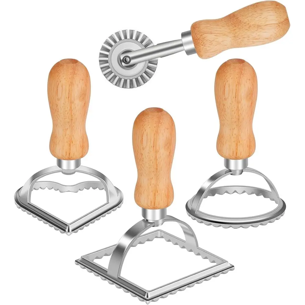 4-Piece Ravioli Stamp Set with Wooden Handle for Pasta, Dumplings, Lasagna, and Pierogi