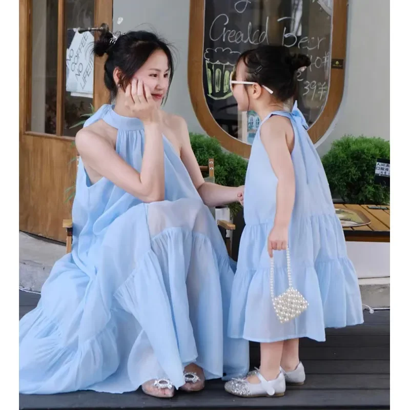 Mother and Daughter Beach Clothes Equal Vacation Mom Baby Girls Matching Blue Sleeveless Dresses Parent-child Dress for Women