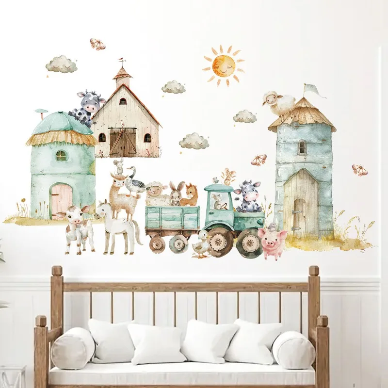 Cartoon Farm House Tractor Cute Animals Wall Stickers Home Decor for Living Room Wall Decals Kids Room Background Decoration