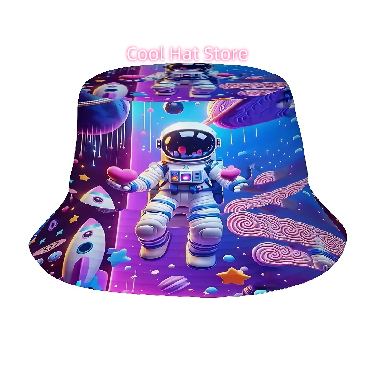 A Unisex Bucket Hat Featuring a Design of an Astronaut And a Rocket, Perfect for Outdoor Activities Like Golfing, Fishing, And H