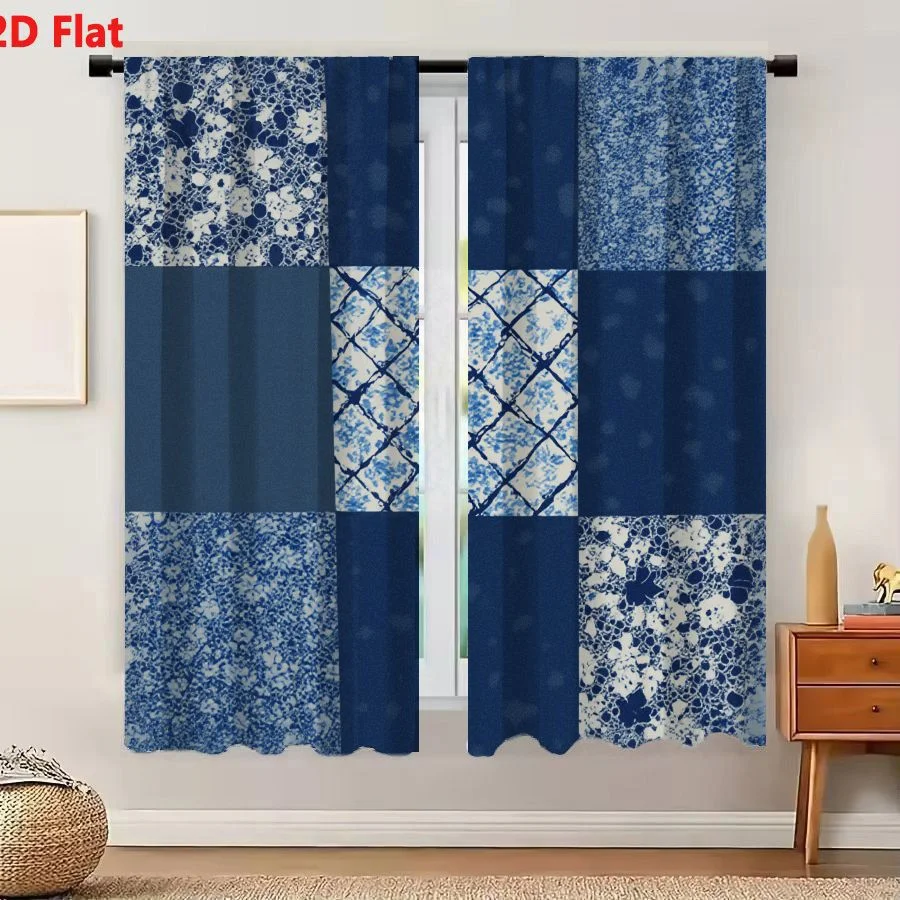 2Pcs Curtains Add 2D Flat Abstract Blue And White Cellular Textures Porous Sponge Speckled Grid Pattern Microscopic Artistic Nat