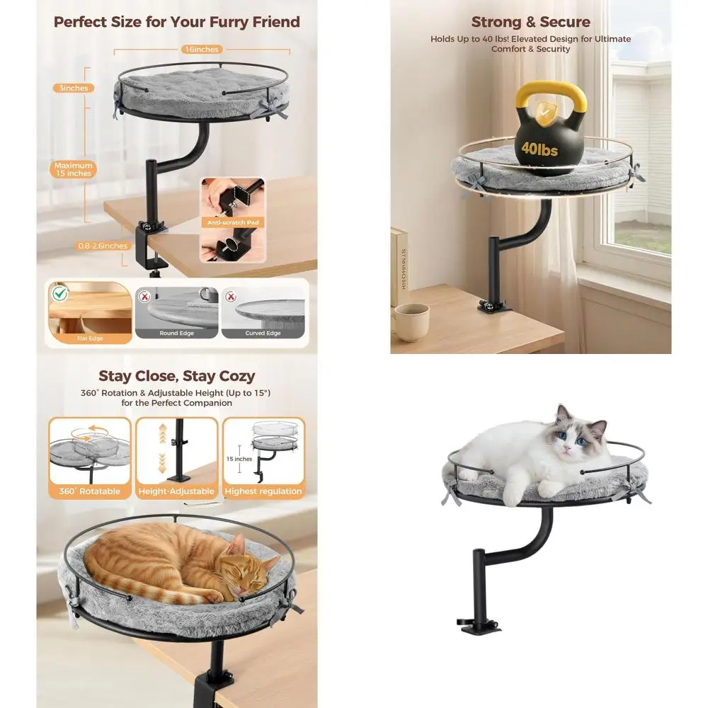 

Rotating and Adjustable Height Cat Desk Bed with Washable Plush Cover, Supports up to 40lbs