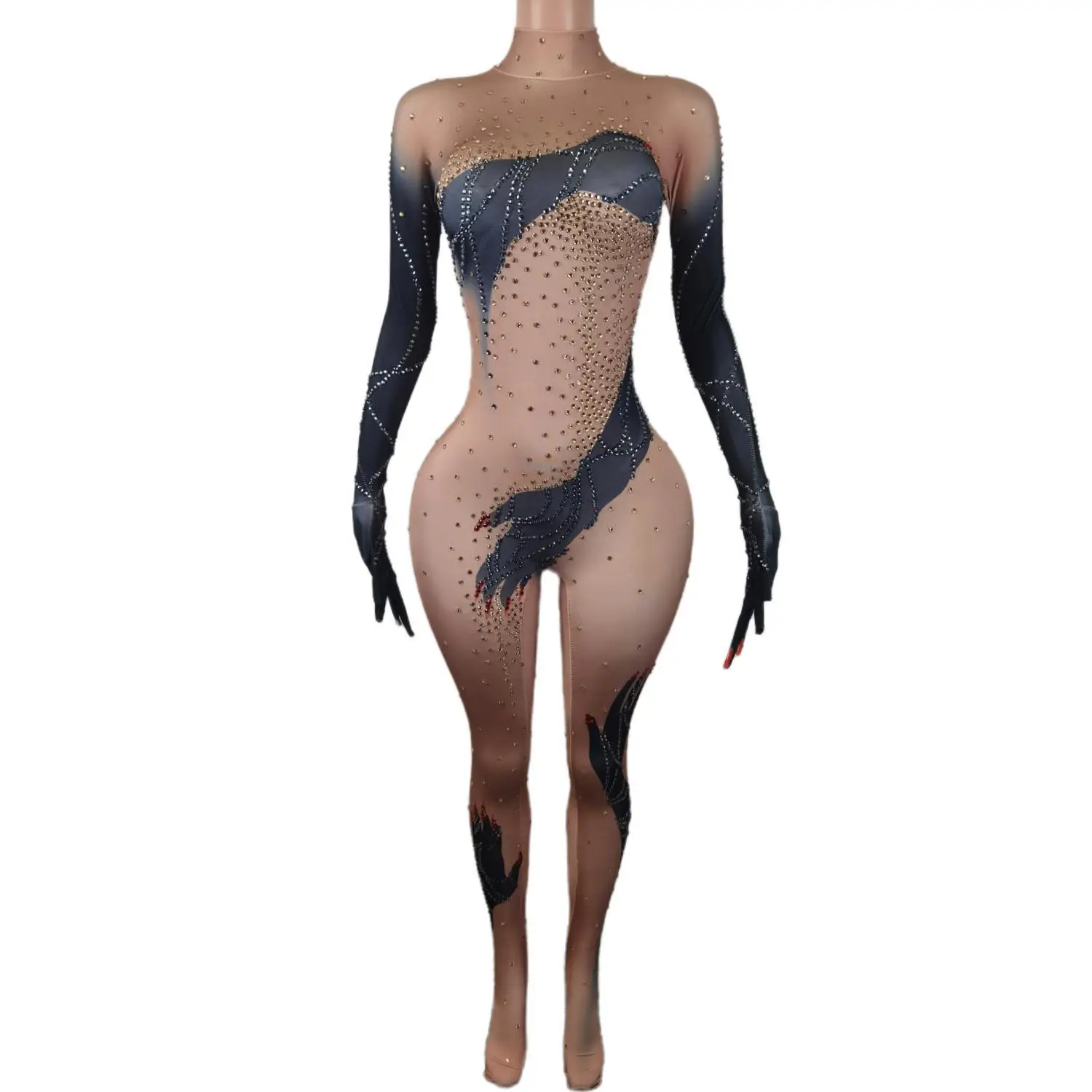 

Latest Jumpsuit for Ladies Sexy Rhinestone Spandex Bodysuits Party Dance Costumes Women Stones and Crystals Long Sleeve Leotard