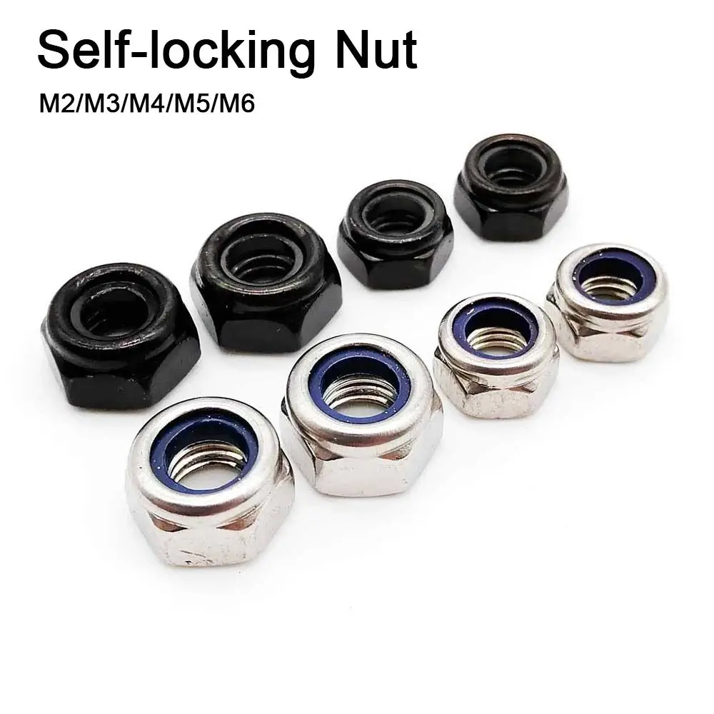 10pcs 304 Stainless Steel Self-locking Nut M2 M3 M4 M5 M6 Hex Nylon Locknut Hardware Accessory Black Silver Insert Lock Nut