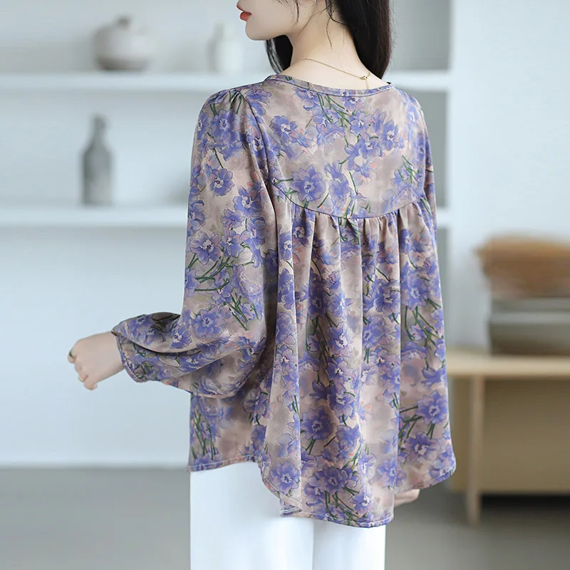 Women\'s Clothing French Chic Pretty Flower Print Shirt Spring Autumn Casual Loose O-neck Lantern Sleeve Blouses Office Lady Tops