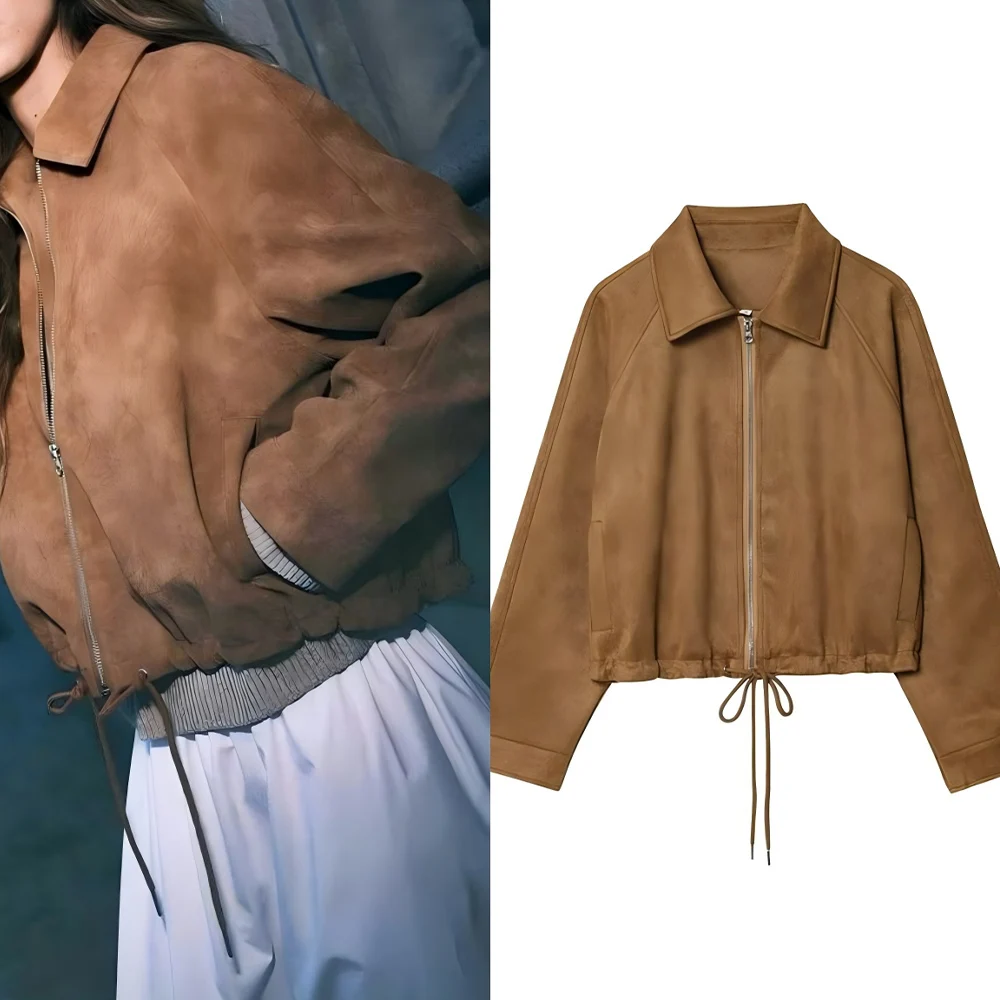 

Women's 2025 new fashion with drawstring casual lapel Suede fabric jacket Coat retro long sleeved zipper women's Coat chic top