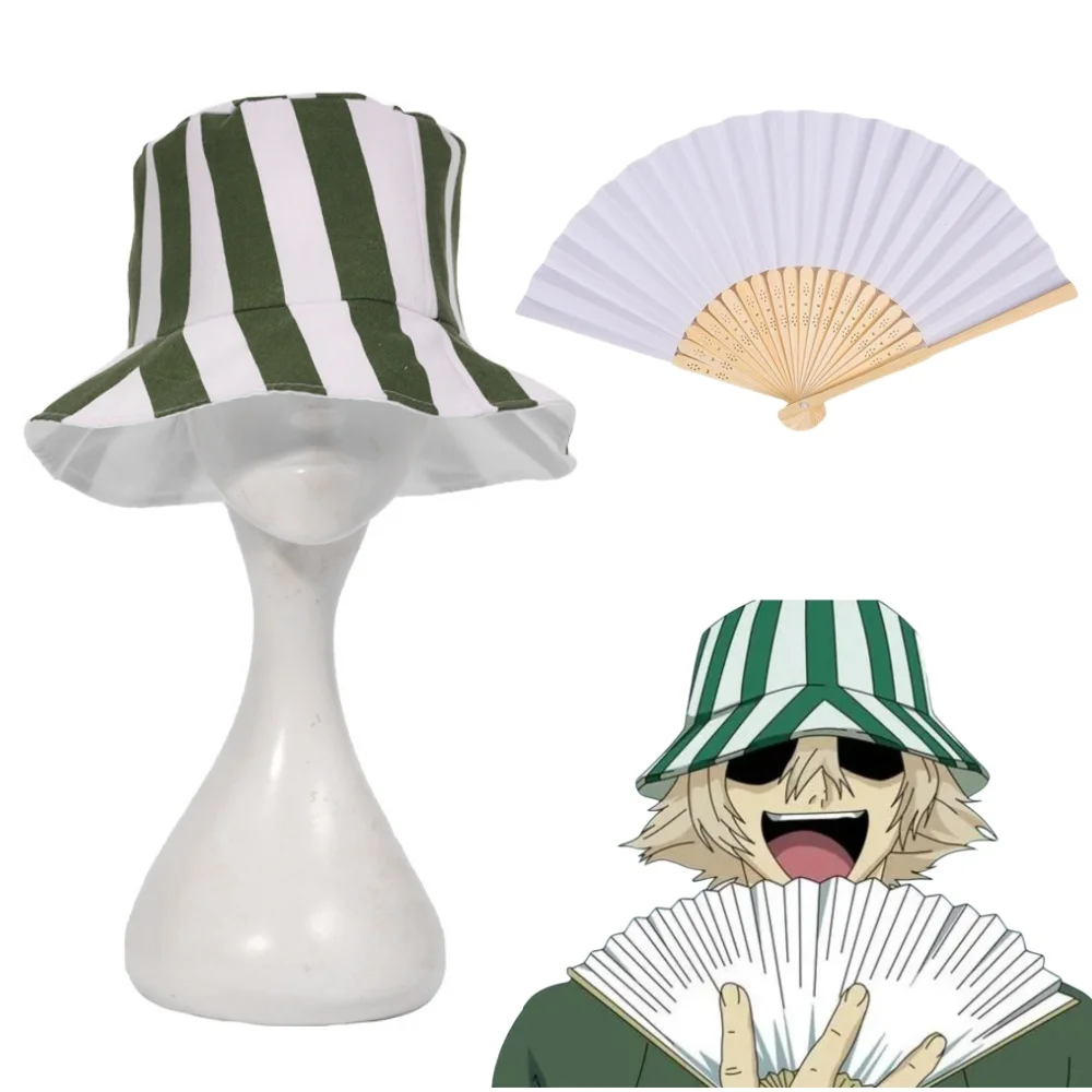 Anime Bleach Urahara Kisuke Cosplay Hat Folding Fan Prop Cap Dome Green  White Striped Summer Cool Hat Watermelon Hat