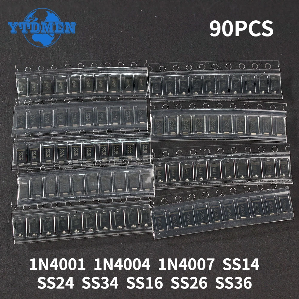 90PCS Rectifier Diode 1N4007 1N4001 1N4004 SS14 SS24 SS34 SS16 SS26 SS36 SMD Schottky Diode Assort Kit