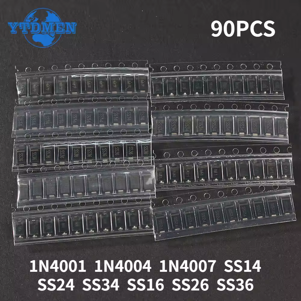 Diodes redresseur 1N4007 1N4001 1N4004 SS14 SS24 SS34 SS16 SS26 SS36 SMD, Kit d'assortiment de diodes Schottky, 90 pièces