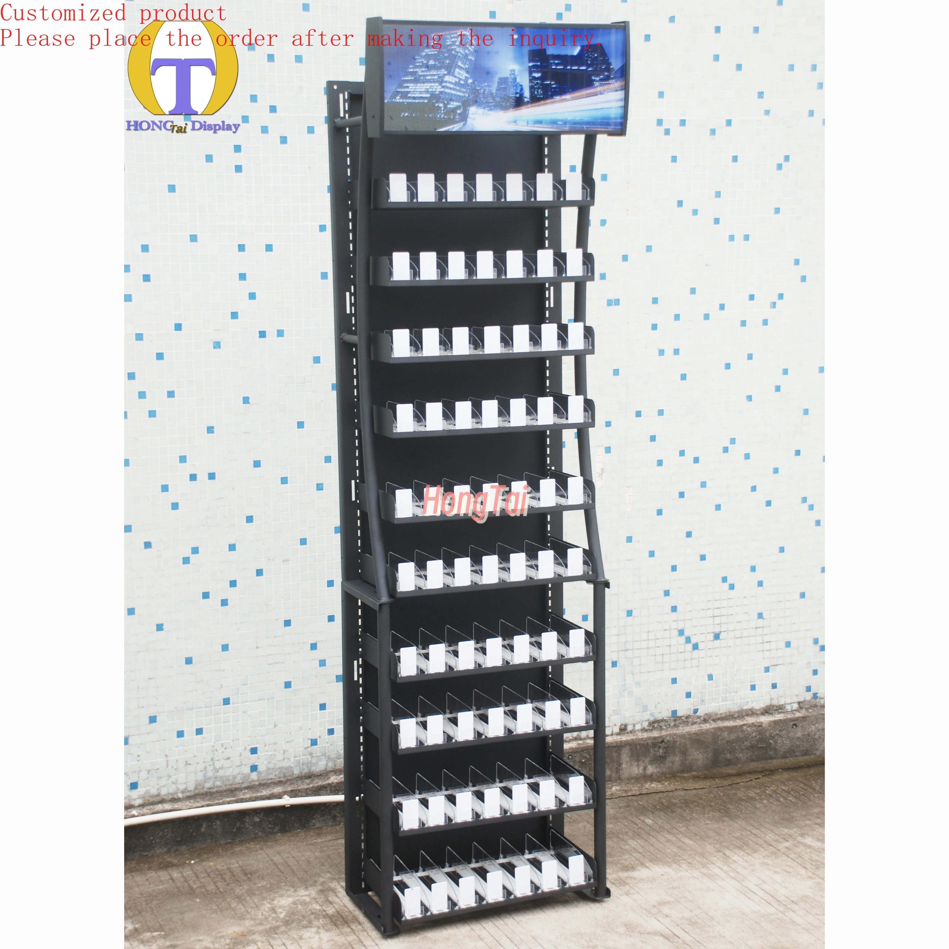

Custom.Adjustable Metal Shelves Display Cabinet LED Lighting White Smoke Pushers for Cigarette Store Accessory Racks