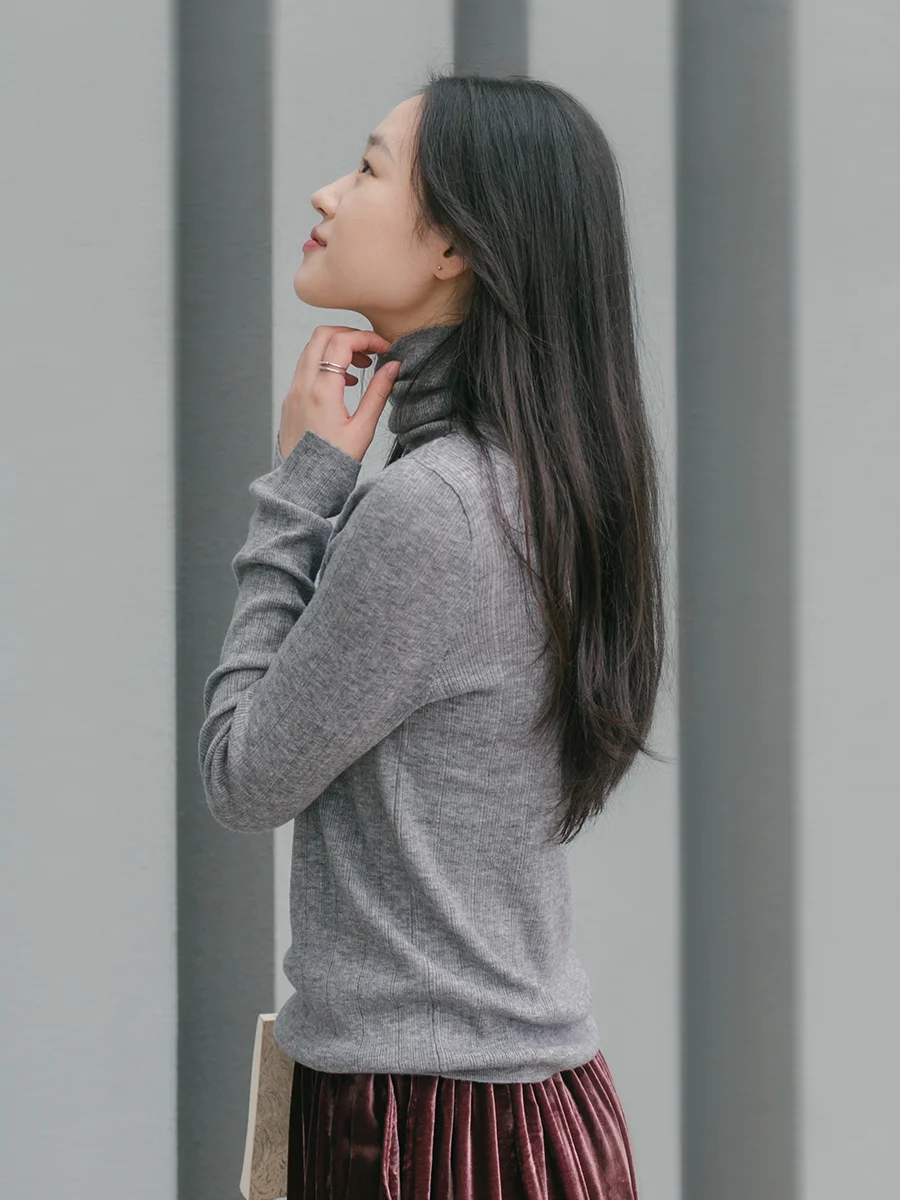 

LoCi 00% Wool Fine Texture Woolen Sweater Pile Collar Design Straight Cut Commute Sle Thin Long Sve Autumn Winter