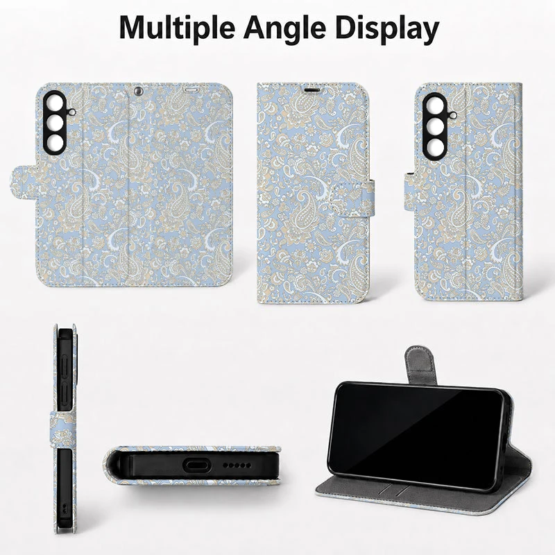 Blue Patterned 2D Flip Cover Artificial Leather Phone Case for Samsung S26 S25 S24 S23 S22 A55 A36 with Foldable Stand