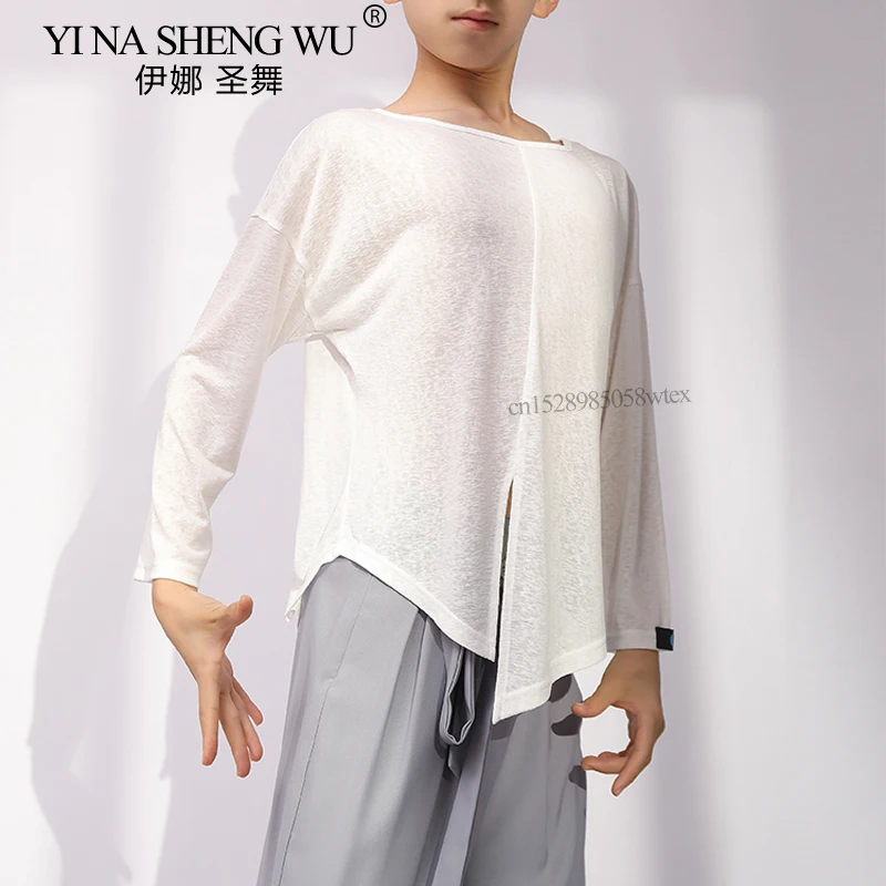 

Топ с длинными рукавами для латинских танцев для мальчиков, одежда для практики джазовых танцев, румба, танго, ча-ча, удобная дышащая одежда с неровным подолом