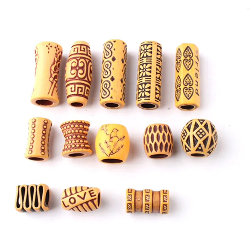 10pcs Plastic Imitation Wood Hair Braid Dread Dreadlock Beard Beads Rings Tube Appro 8mm Inner Hole Jewelry 13 Style