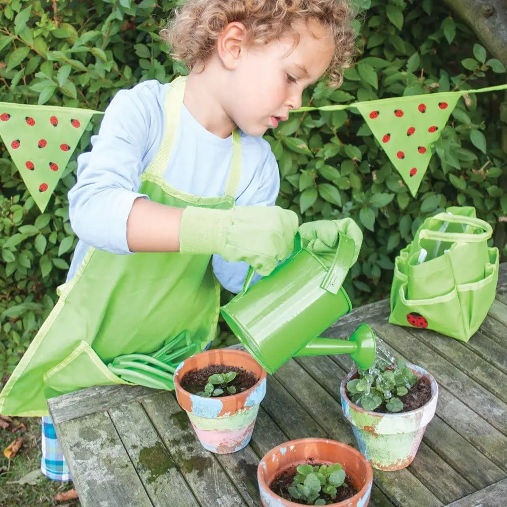 Kids Gardening Set 7 Pcs, Floral Toddler Garden Tools, with Shovel Trowel Rake Apron Gloves Watering Can and Tote Bag Safe Metal
