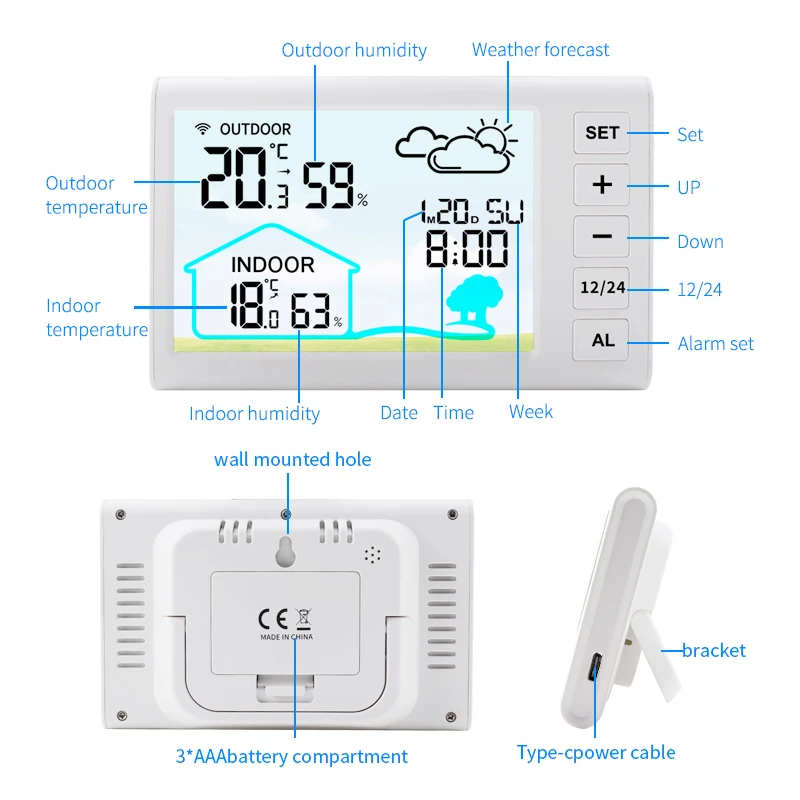 

Indoor Digital Thermometer and Hygrometer, Mini LCD Wall Wireless, Multifunctional Mimi Clock with Humidity and Weather Station