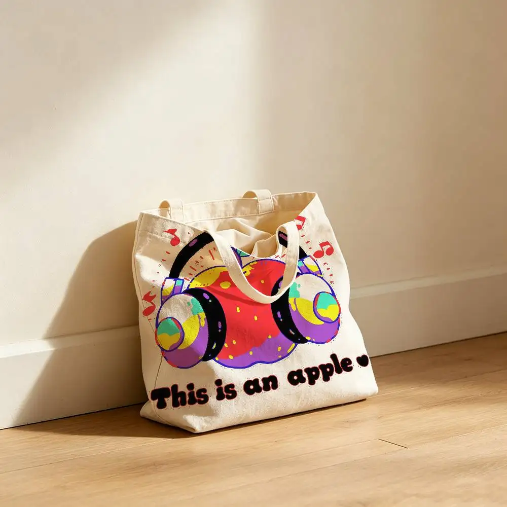 Cartoon Apple Canvas Tote Bag Waterproof Lining Large Capacity Reusable Shopping Bags Casual Student Daily Handbag