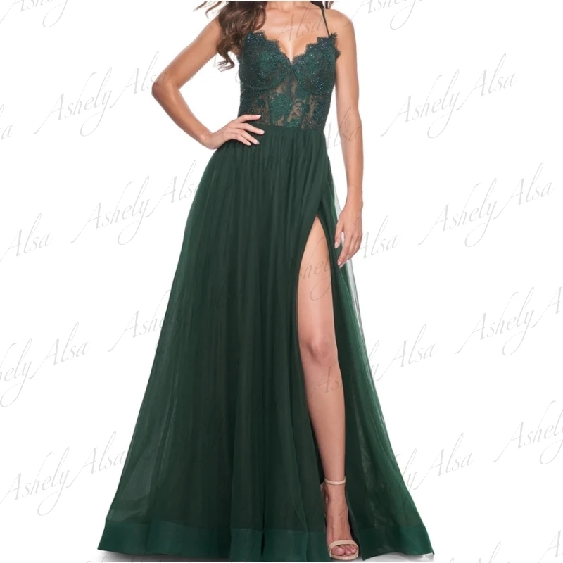 Elegante vestido de noche verde esmeralda para mujer, Vestido largo de tul de encaje con cuello en V, Sexy, Espalda descubierta, línea A, boda, fiesta, graduación, ocasión