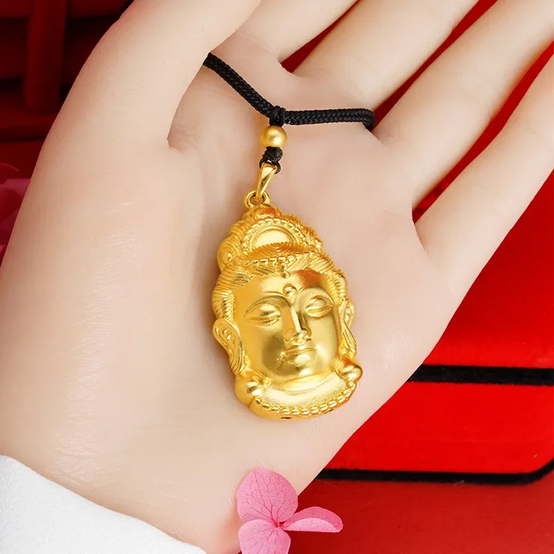 

60cm Guanyin Pendant Necklace Chain with 3d Square Pendant for Men Domineering Real 24k Gold Color Necklace Jewelry