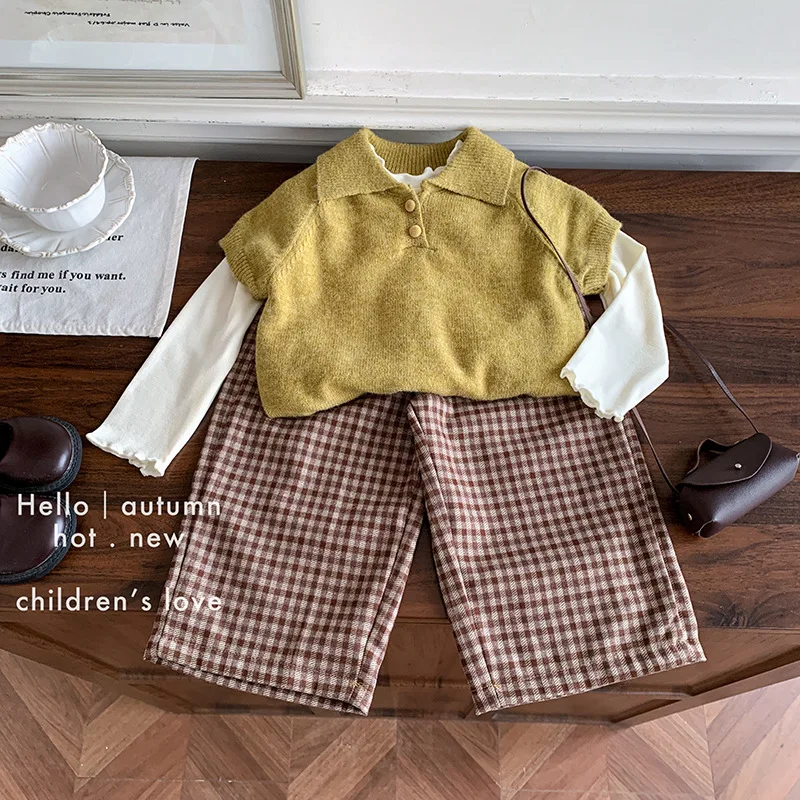 Girls' Solid Color Lapel Short Sleeved Sweater 2026 Spring Autumn Base Long Sleeved Checkered Wide Leg Pants Three Piece Set