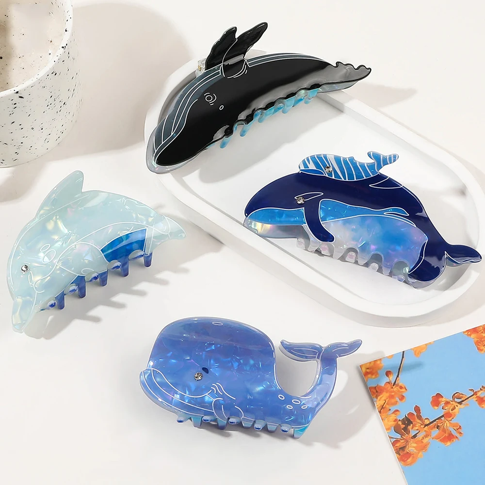 2024 Cartoon Marine Series Hair Clips Cute Blue Whale Acetate Hair Claw Hair Tiara Accessories Vintage Korean Jewelry Gift