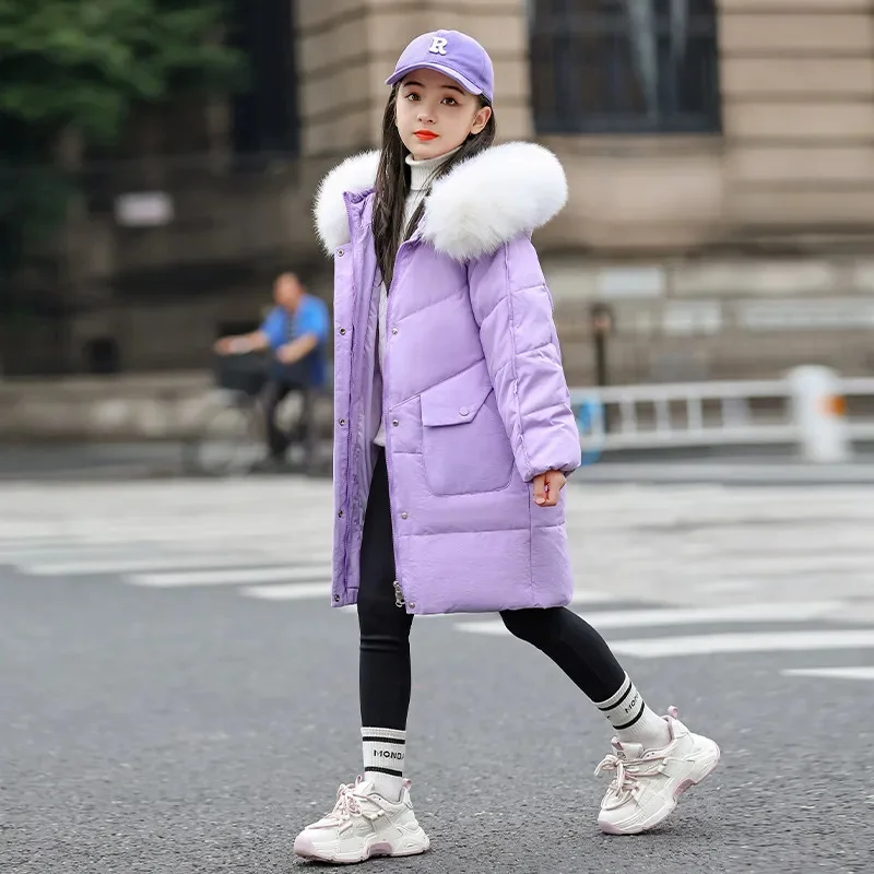 

Fashion Design Winter Thick Parkas Girls Beige Long Fur Collar Hooded Coat Children Zipper Down Jacket Clothes For Kids XMP300