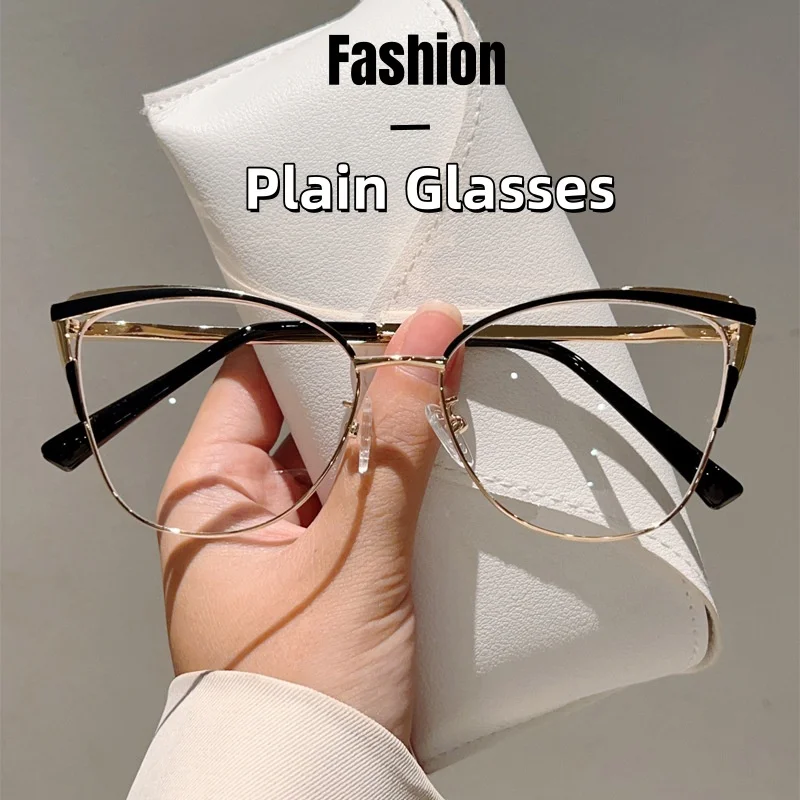 

New Minimalist Cat Eye Large Metal Frame Plain Glasses Blue Light Blocking Eye Protection Clear Lens Ultra Light Unisex Glasses