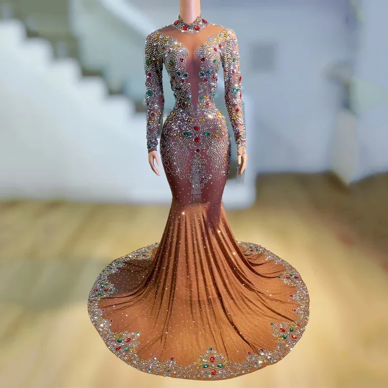 Robe à strass en cristal coloré, 5 couleurs, scintillante, Costumes de célébration d'anniversaire, robe de soirée pour femmes, robe de traînée sur scène, XS5424