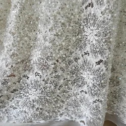 Embroidered Lace Fabric for Wedding Dress, 3D Flowers Beaded Sequins, Pearl Tube, Senior Shining Bride Fabric, RS4076
