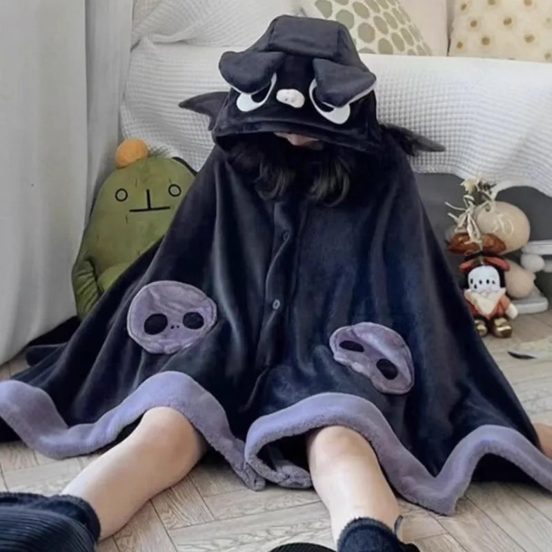 Kawaii Cartoon Winter Bat Blanket Plush Pajamas Anime Cloak Costume Halloween Cloak for Adults Ponchos Women Hooded Cape