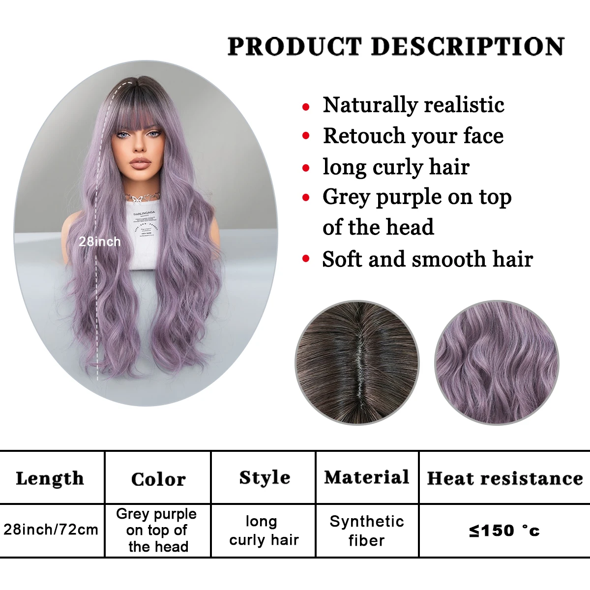 PARK YUN Synthetic Wig  Loose Water Wavy Purple Wig With Dark Roots High Density Long Wavy Hair Wigs With Neat Bangs