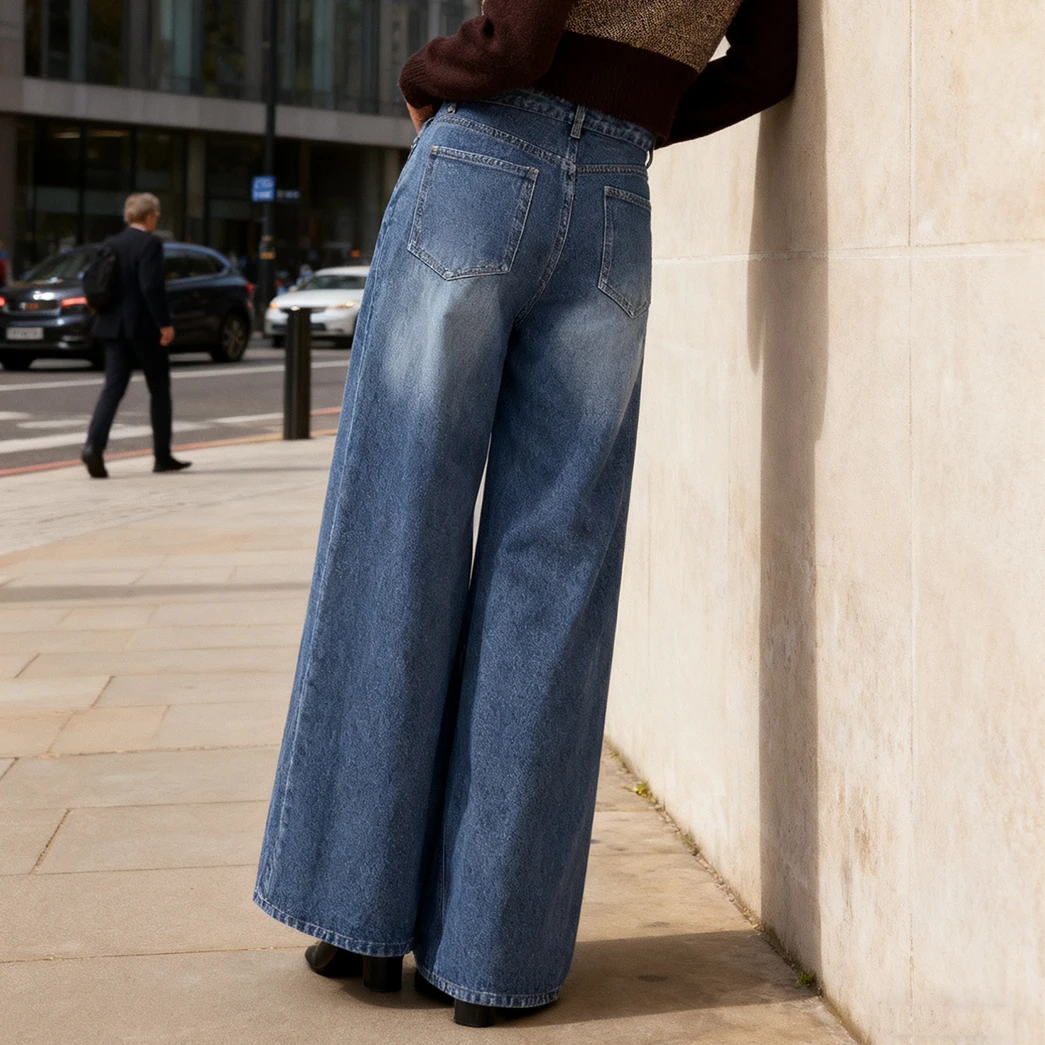 Jean taille haute en Polyester bleu à jambes larges pour femmes, avec fermeture à double bouton, poches avant, pantalon en Denim à jambes larges