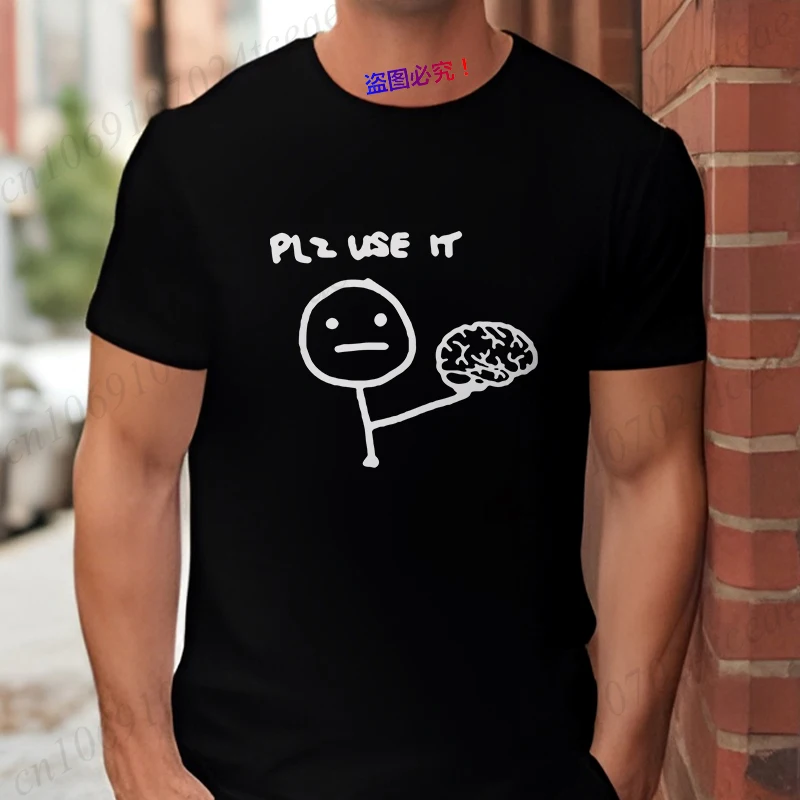 Plz Use It Funny Men's T-shirts Fashion Humor and Satire Brain Graphic Y2k Tops O Neck Short Sleeve Tees Oversized Male Clothing
