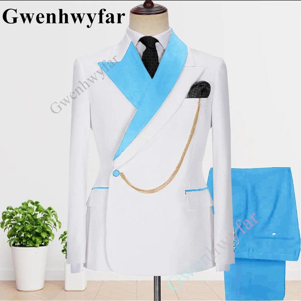 

Gwenhwyfar 2 Pcs Blue Collar Suit for Men Slim Fit Wedding Groom Tuxedo Groomsmen Suits Male Fashion Costume Homme Blazer Pants