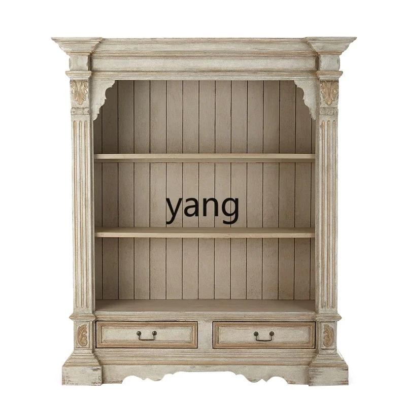 LH log bookcase full solid wood multi-layer baffle display cabinet white retro old bookshelf